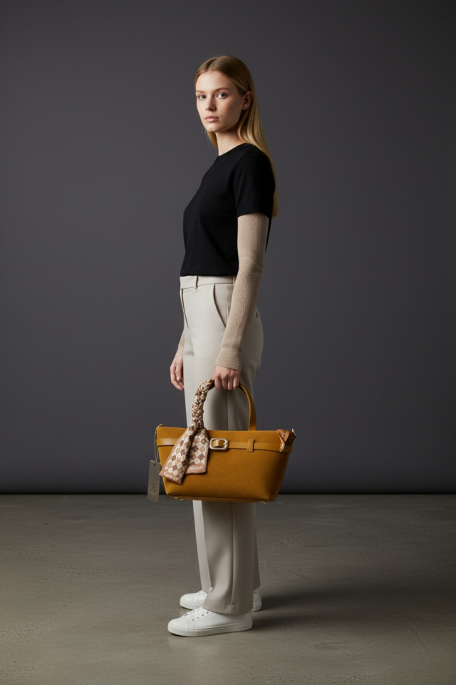 Siyah Süet Kadın Omuz Çantası Sarı