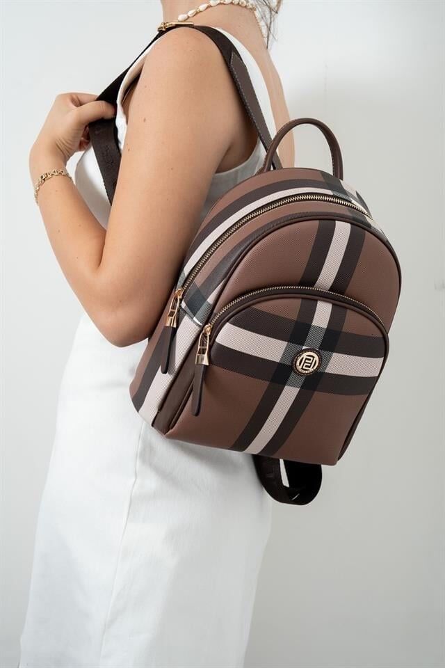 Kahverengi Ekoseli Kadın Sırt Çantası