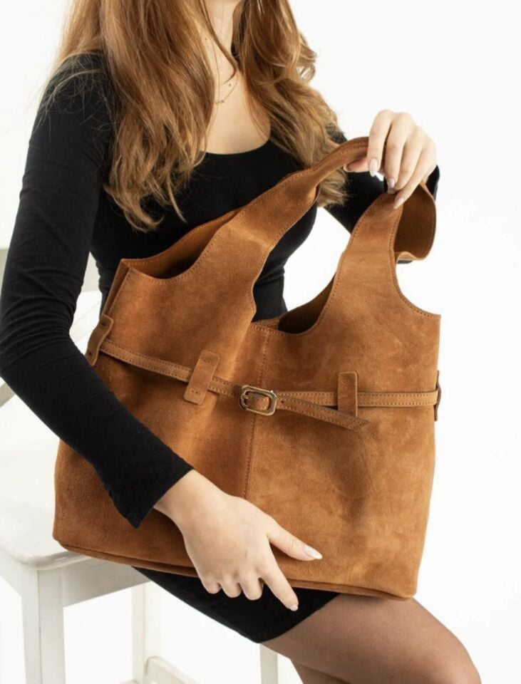 Hakiki Süet Kadın Çantası Taba