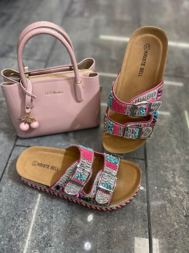 Kirazlı Pembe Çanta&Pembe Taşlı Terlik Anneler Günü Kombini 39