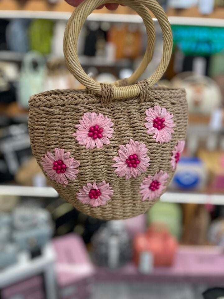 Pembe Çiçekli Hasır Çanta