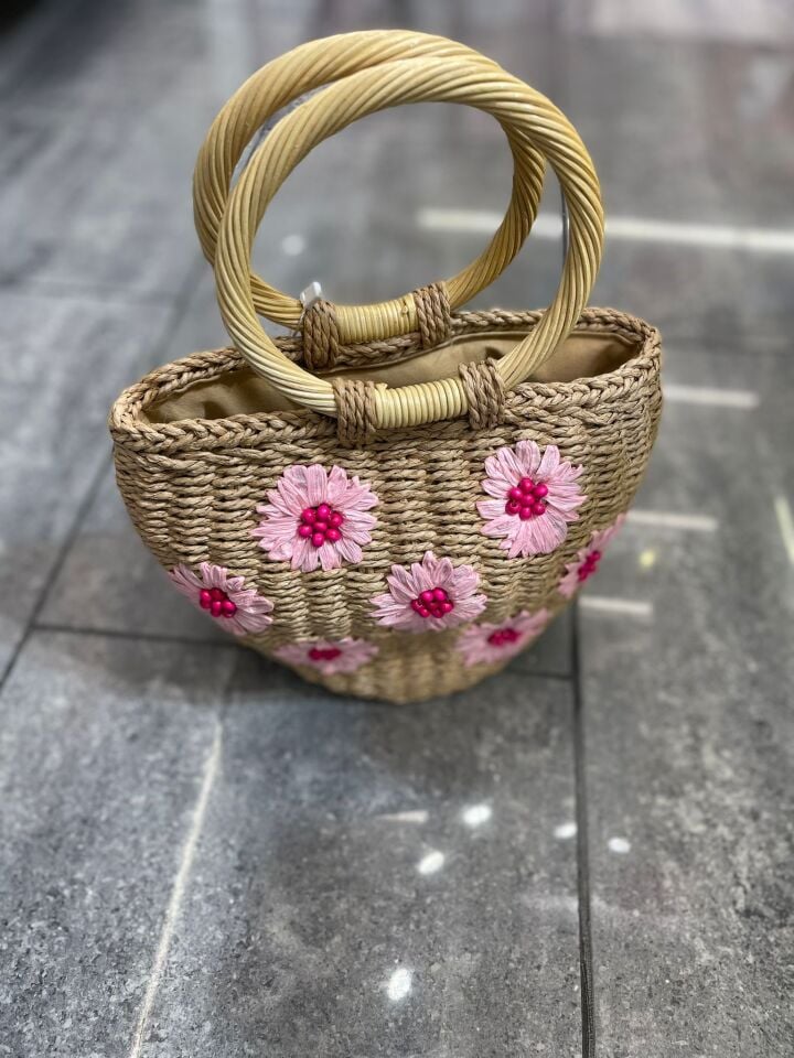 Pembe Çiçekli Hasır Çanta